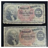 TWO (2) 1863 25 Cents Fractional Currency Notes