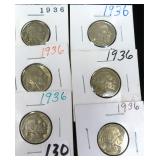 SIX (6) 1936 Buffalo Nickels, Estate Find!