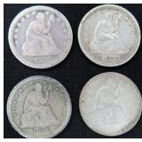 Four (4) 1858 Seated Liberty Quarters, Silver