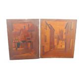 TWO (2) OLD Inlaid Wood Marquetry Wall Hangings