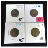 Four (4) Buffao Nickels, 1916,1917,1918,1920