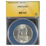 1953-S Silver Franklin Half Dollar ANACS MS64