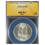 1953-D Silver Franklin Half Dollar ANACS MS64 FBL