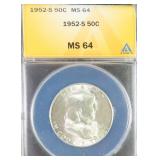 1952-S Silver Franklin Half Dollar ANACS MS64