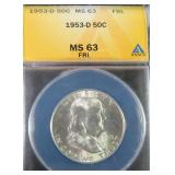 1953-D Silver Franklin Half Dollar ANACS MS63 FBL