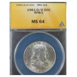 1961-D/D Silver Franklin Half Dollar ANACS MS64