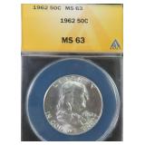 1962 Silver Franklin Half Dollar ANACS MS63