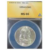 1954-S Silver Franklin Half Dollar ANACS MS65
