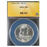 1954 Silver Franklin Half Dollar ANACS MS64