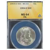 1954-D Silver Franklin Half Dollar ANACS MS64 FBL