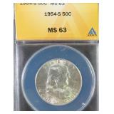 1954-S Silver Franklin Half Dollar ANACS MS63