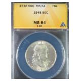 1948 Silver Franklin Half Dollar ANACS MS64 FBL