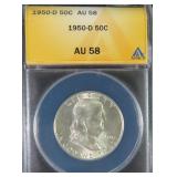 1950-D Silver Franklin Half Dollar ANACS AU58
