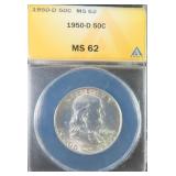 1950-D Silver Franklin Half Dollar ANACS MS62