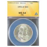 1951-D Silver Franklin Half Dollar ANACS MS64 FBL