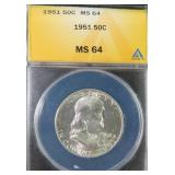 1951 Silver Franklin Half Dollar ANACS MS64