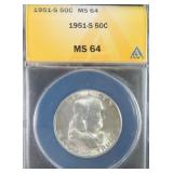 1951-S Silver Franklin Half Dollar ANACS MS64