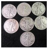 Seven (7) Silver Walking Liberty Half Dollars, $86