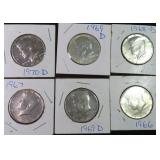 SIX (6) 40% Silver Kennedy Half Dollars, $64.74
