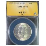 1948-D Silver Franklin Half Dollar ANACS MS63 FBL