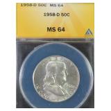 1958-D Silver Franklin Half Dollar ANACS MS64
