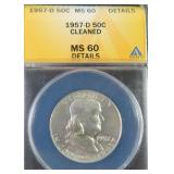 1957-D Silver Franklin Half Dollar ANACS MS60 DTLS