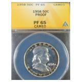 1958 Silver Franklin Half Dollar ANACS PF65 CAMEO
