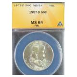 1957-D Silver Franklin Half Dollar ANACS MS64 FBL
