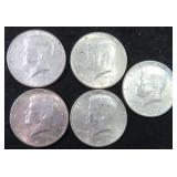 Five (5) SILVER 1964 Kennedy Half Dollars, $61.75