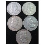 Five (5) Silver Franklin Half Dollars, $61.75 Melt