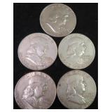 Five (5) Silver Franklin Half Dollars, $61.75 Melt