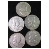 Five (5) Silver Franklin Half Dollars, $61.75 Melt