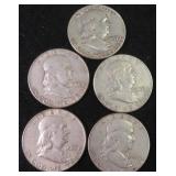 Five (5) Silver Franklin Half Dollars, $61.75 Melt