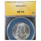1963-D Silver Franklin Half Dollar ANACS MS64