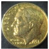 1951-D Silver Roosevelt Dime, Gold Plated