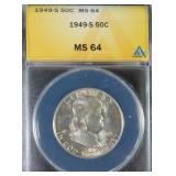 1949-S Silver Franklin Half Dollar ANACS MS64