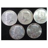 Five (5) SILVER 1964 Kennedy Half Dollars, $61.75