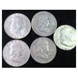 Five (5) Silver Franklin Half Dollars, $61.65 Melt