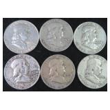 SIX (6) Silver Franklin Half Dollars, $80.10 Melt