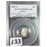 SILVER 2003-S Roosevelt Dime, PCGS PR69DCAM