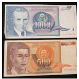 TWO (2) Yugoslavian Notes, 500 & 1000 Dinara