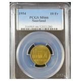 1954 Saarland 10 Franken PCGS MS66