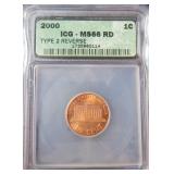 2000 Lincoln Cent ICG MS66RD Type 2 Reverse