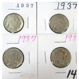 Four (4) 1937 Buffalo Nickels