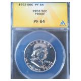 1953 Franklin Silver Half Dollar, ANACS PF 64