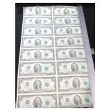 Uncut Sheet of 16 $2 1976 Bicentennial Notes