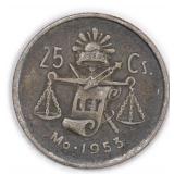 1953 25 Centavos Silver Mexico Coin