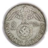 Swastika 1937 2 Reichsmark German Silver Coin