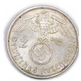 Swastika  1939 2 Reichsmark German Silver Coin