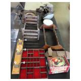 NO SHIP: Table Lot incl Hat Rack, Doll Bed